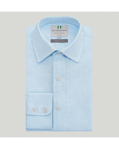 Harvie & Hudson Sky Mini Check Button Cuff Slim Fit Shirt - Blue