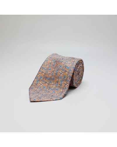 Harvie & Hudson Soft Orange Flower Woven Silk Tie - Brown