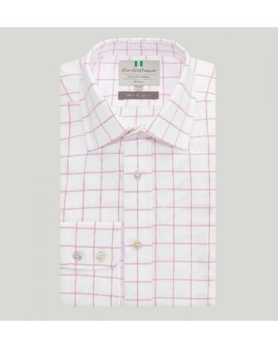 Harvie & Hudson Salmon Pink Windowpane Button Cuff Classic Fit Shirt - White