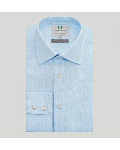 Harvie & Hudson Sky Mini Check Button Cuff Classic Fit Shirt - Blue