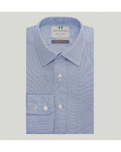 Harvie & Hudson Blue Houndstooth Check Button Cuff Classic Fit Shirt