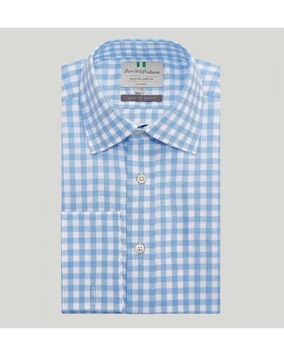 Harvie & Hudson Sky Blue Gingham Check Double Cuff Classic Fit Shirt