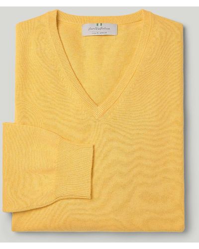 Harvie & Hudson Maize Cotton Cashmere V Neck Jumper - Yellow
