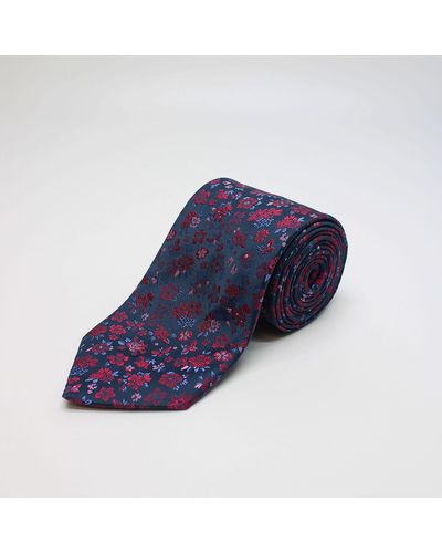 Harvie & Hudson Navy And Red Large Floral Woven Silk Tie - Blue