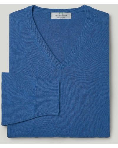 Harvie & Hudson Sea Blue Cotton Cashmere V Neck Jumper