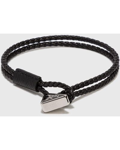 Prada Logo Braided-leather Bracelet - Black