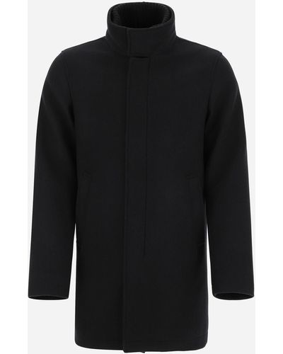 Herno Diagonal Wool Carcoat With Knitted Collar - Black