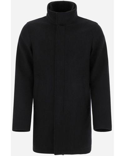 Herno Diagonal Wool Carcoat With Knitted Collar - Black