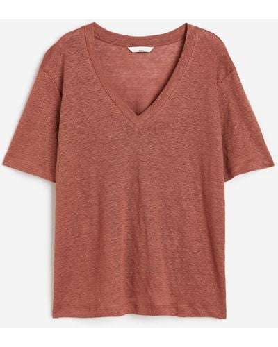 H&M T-shirt en jersey de lin avec encolure en V - Rouge