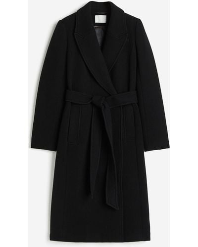 H&M Mantel aus Wollmischung mit Bindegürtel - Schwarz
