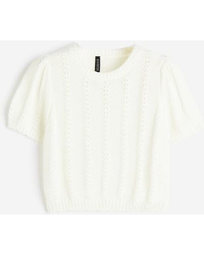 H&M Shirt aus Strukturstrick mit Puffärmeln - Weiß