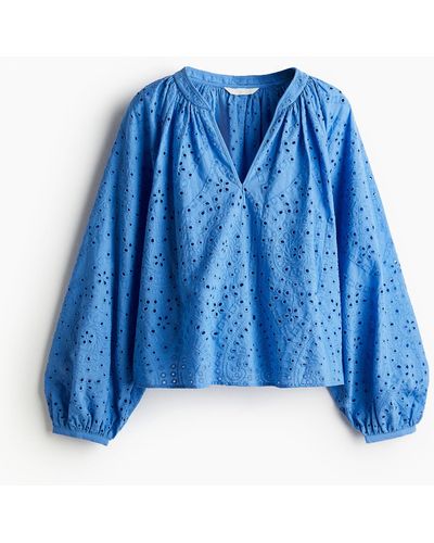 H&M Blouse Met Broderie Anglaise - Blauw