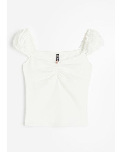 H&M Shirt mit Picot-Besätzen und Puffärmeln - Weiß