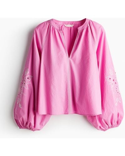 H&M Bestickte Bluse mit Ballonärmeln - Pink