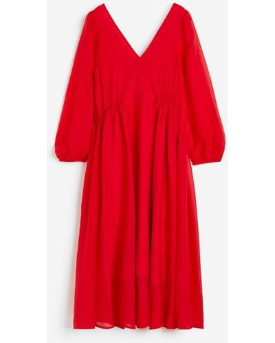 H&M Kleid mit V-Neck und Ballonärmeln - Rot