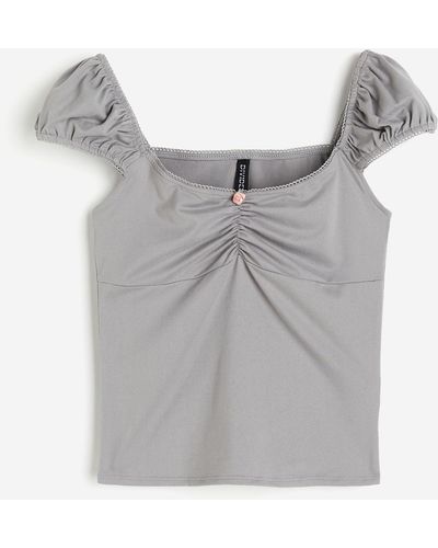 H&M Shirt mit Picot-Besätzen und Puffärmeln - Grau