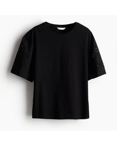 H&M T-shirt avec manches en broderie anglaise - Noir