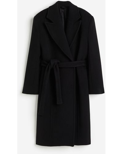 H&M Mantel aus Wollmischung mit Bindegürtel - Schwarz