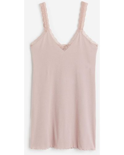 H&M Geripptes Nachthemd mit Spitzenbesatz - Pink