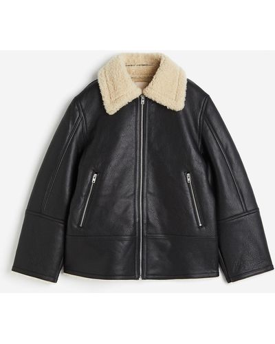 H&M Lederjacke mit Teddyfleece-Futter - Schwarz