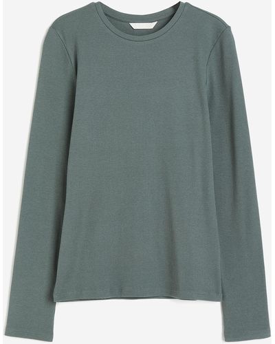 H&M Geribde Top Met Lange Mouwen - Groen