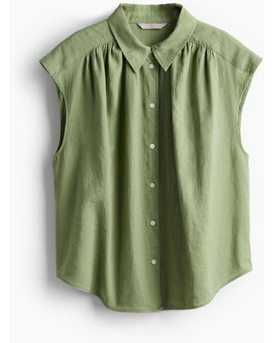 H&M Mouwloze Overhemdblouse Van Linnenmix - Groen