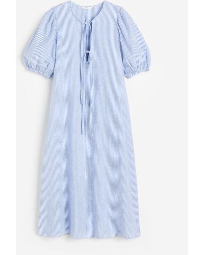 H&M Kleid aus einer Leinenmischung mit Bindebändern - Blau