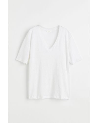 H&M T-Shirt mit V-Neck aus Leinenjersey - Weiß