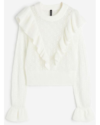 H&M Pointellestrick-Pullover mit Volants - Weiß