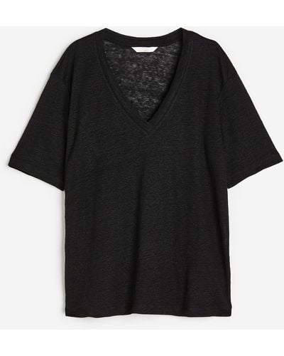 H&M T-shirt en jersey de lin avec encolure en V - Noir