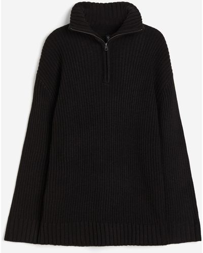 H&M Oversized Pullover mit kurzem Reißverschluss - Schwarz