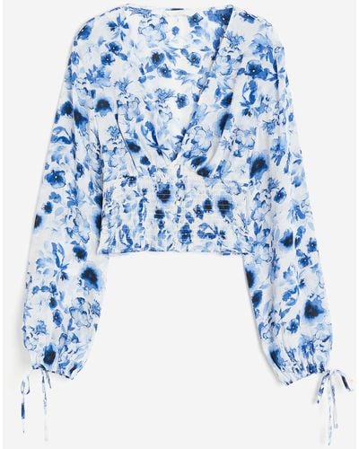 H&M Cropped Blouse Met V-hals - Blauw