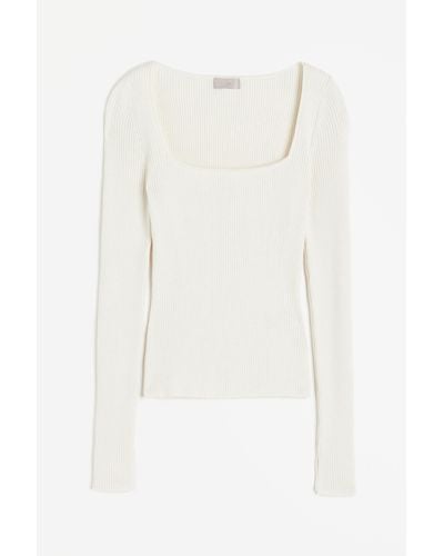 H&M Geripptes Shirt mit Karree-Ausschnitt - Weiß