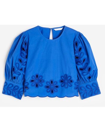 H&M Bestickte Bluse mit Puffärmeln - Blau