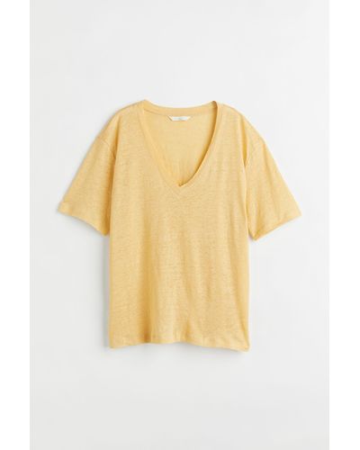 H&M T-shirt Van Linnen Tricot Met V-hals - Geel