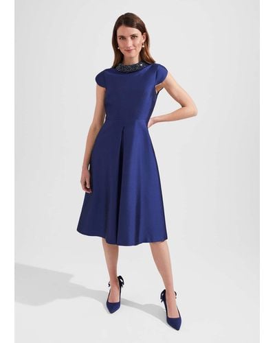 Hobbs Christie Silk Wool Beaded Dress - Blue
