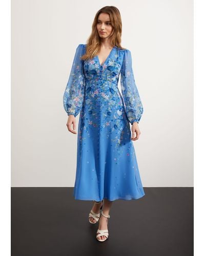 Hobbs Caversham Silk Floral Dress - Blue