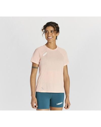 Hoka One One Glide Kurzarmshirt für Damen in Peach Parfait Größe L | Kurzarmshirts - Blau