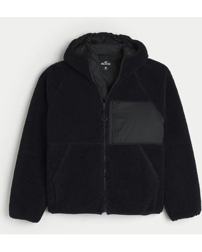 Hollister Hooded Faux Shearling Zip-up Jacket - Black