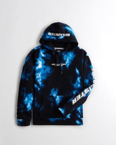 Hollister Print Graphic Wash Effect Hoodie - Blue