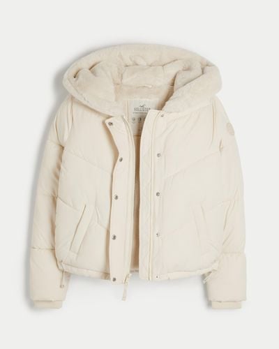 Hollister Ultimate Faux Fur-lined Hooded Puffer Jacket - Natural