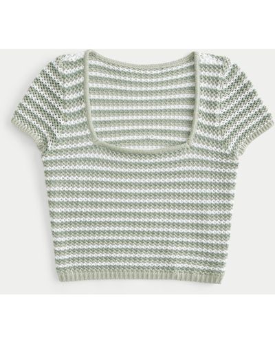 Hollister Short-sleeve Square-neck Crochet-style Top - Grey