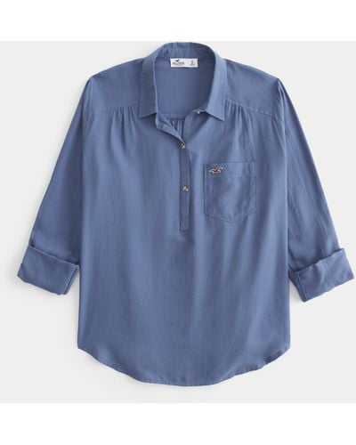 Hollister Oversized Cotton Popover Shirt - Blue