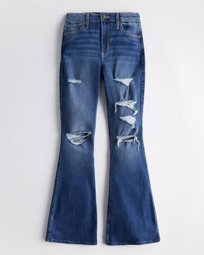 Hollister High Rise ausgefranste Flare Jeans in dunkler Waschung - Blau