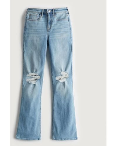 Hollister Curvy Mid Rise Bootcut-Jeans in heller Waschung mit Rissen - Blau