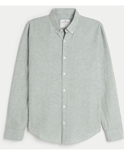 Hollister Long-sleeve Linen Blend Button-through Shirt - Grey