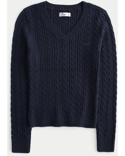 Hollister Pullover mit V-Ausschnitt und Zopfstrickmuster - Blau