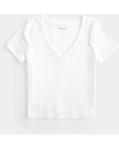 Hollister Geripptes T-Shirt mit V-Ausschnitt - Weiß