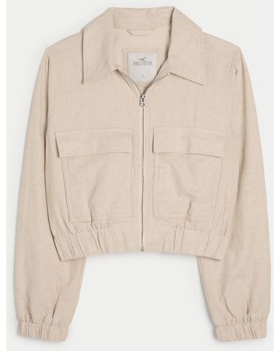 Hollister Crop Linen Blend Bomber Jacket - Natural