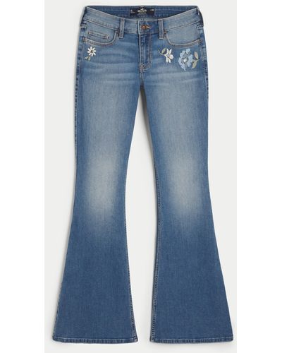 Hollister Low-rise Floral Embroidered Medium Wash Vintage Flare Jeans - Blue